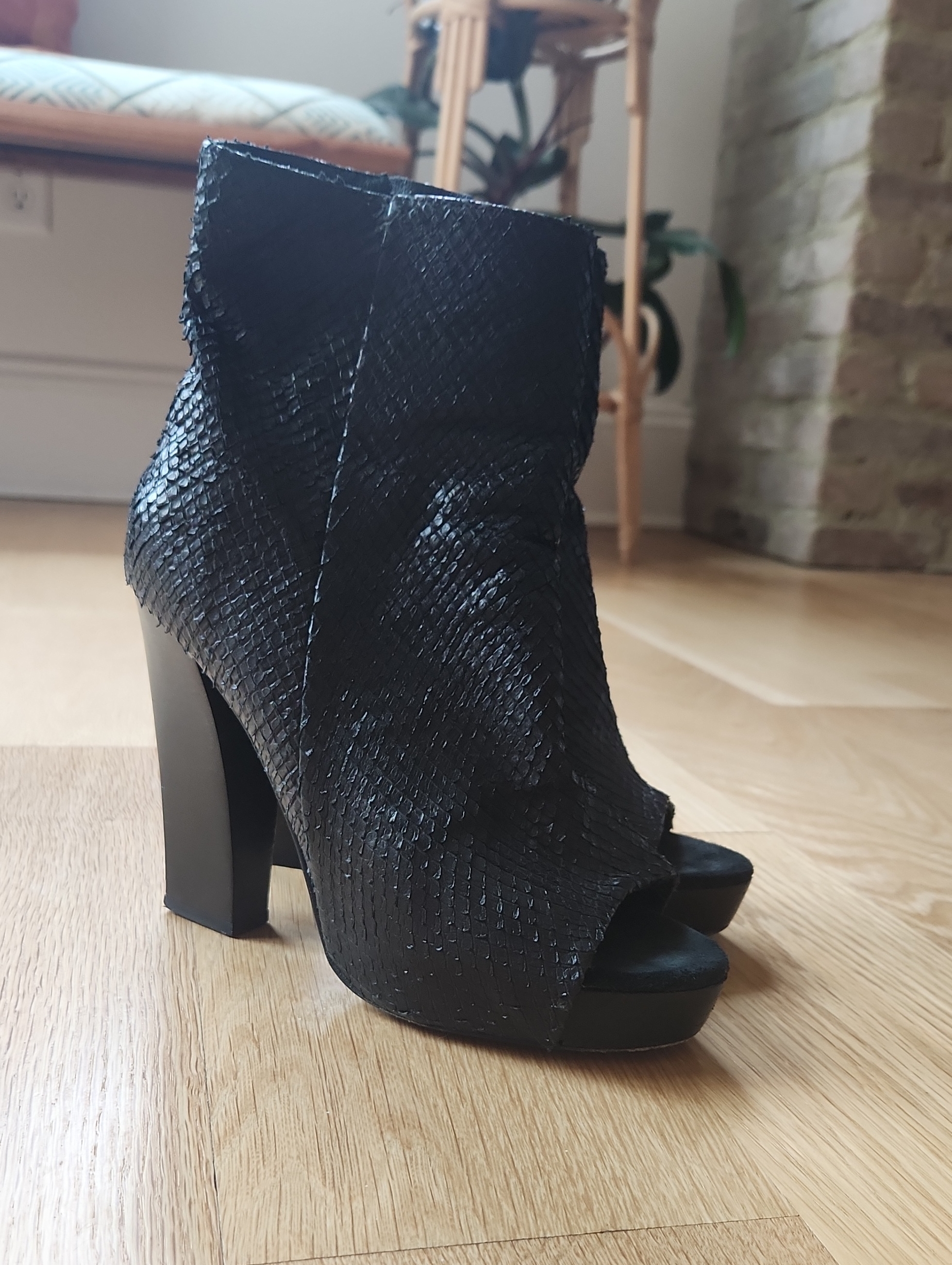 All Saints Platform Snakeskin Open Toed Booties